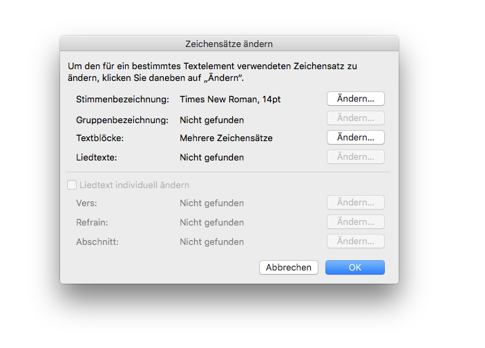 Dialogbox Zeichensätze ändern